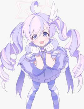 1girl :d absurdres ahoge blue_archive bow clenched_hands dress feet_out_of_frame gloves hair_ornament highres leaning_forward looking_at_viewer multicolored_hair open_mouth pantyhose pink_hair purple_bow purple_eyes purple_hair reisa_(blue_archive) reisa_(magical)_(blue_archive) simple_background smile solo star_(symbol) star_hair_ornament striped_clothes striped_pantyhose twintails two-tone_hair white_background wing_hair_ornament yomoyama55