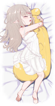 1girl absurdres bare_shoulders barefoot belt_collar blush child closed_eyes collar dakimakura_(object) dress from_above full_body grey_hair hair_down highres hugging_object long_hair lying makaino_ririmu makaino_ririmu_(3rd_costume) multicolored_hair nijisanji on_bed open_mouth pillow pillow_hug pointy_ears sleeping solo spaghetti_strap streaked_hair utsusumi_kio virtual_youtuber white_dress
