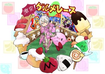 armor arthur_(fire_emblem_fates) beruka_(fire_emblem) candy coffee crossover effie_(fire_emblem) elise_(fire_emblem) fire_emblem fire_emblem_fates food green_eyes grey_hair hair_between_eyes hair_bun holding holding_food ice_cream king_dedede kirby kirby_(series) lollipop meta_knight nintendo onigiri paperbag_11 peri_(fire_emblem) pink_armor single_hair_bun sushi tomato waddle_dee