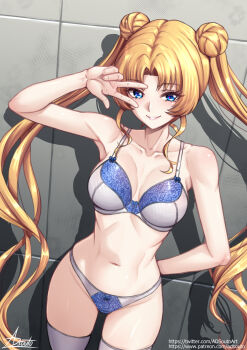 1girl adsouto arm_behind_back bishoujo_senshi_sailor_moon blonde_hair blue_eyes bra breasts grin highres long_hair looking_at_viewer medium_breasts panties sailor_moon signature smile solo thighhighs tsukino_usagi twintails underwear v v_over_eye variant_set very_long_hair