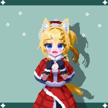 1girl animal_ears animated animated_gif birdman46049238 black_gloves blonde_hair blue_eyes blush bouncing_breasts braid breasts capelet christmas cleavage dancing fang fox_ears fox_girl fox_tail fur-trimmed_capelet fur-trimmed_skirt fur_trim gloves looping_animation medium_breasts original pixel_art single_braid skin_fang skirt smile sparkle tail v