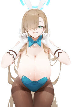 1girl :p absurdres animal_ears aqua_leotard asuna_(blue_archive) asuna_(bunny)_(blue_archive) asymmetrical_bangs blonde_hair blue_archive blue_bow blue_bowtie blue_halo blue_leotard bow bowtie breasts detached_collar dokshuri fake_animal_ears gloves green_eyes hair_over_one_eye halo highres huge_breasts large_breasts leotard long_hair official_alternate_costume pantyhose playboy_bunny simple_background solo strapless strapless_leotard thighband_pantyhose tongue tongue_out traditional_bowtie undersized_breast_cup very_long_hair white_background white_gloves