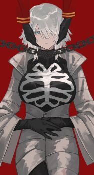 Rule 34 | 1girl, 1other, black dress, black gloves, breasts, chain, coat, collar, cowboy shot, dante (limbus company), dress, e.g.o (project moon), faust (project moon), gloves, highres, ivy (675671), large breasts, limbus company, metal collar, out of frame, project moon, red background, simple background, skeleton print, thoracalgia (e.g.o), white coat, wide sleeves, zipper pull tab