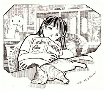 Rule 34 | 1girl, animal, artist name, book, cat, chair, closed mouth, commentary request, curtains, cushion, dated, desk, half-closed eyes, hatching (texture), hugging object, indoors, linear hatching, long hair, minna no uta (nhk), on chair, original, photo (object), picture frame, shirt, short sleeves, sitting, sleeping animal, smile, solo, stuffed animal, stuffed cat, stuffed toy, traditional media, window, wooden chair, zpihr6jprso2r2l