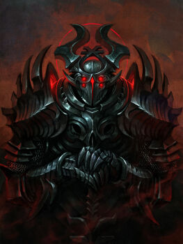 1boy armor black_armor breastplate chaos_(warhammer) commentary demon_horns divine_being english_commentary fantasy full_armor gauntlets greaves halo hands_on_hilt highres hilt holding holding_sword holding_weapon horns khorne klaher_baklaher looking_at_viewer pauldrons red_eyes red_halo red_theme shoulder_armor sign_of_khorne solo spiked_pauldrons spikes sword warhammer_40k weapon