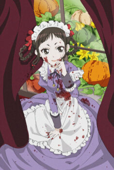 Rule 34 | 1girl, apron, black hair, chitose charma, closed mouth, dress, frilled apron, frills, fumiko (mesushi), halloween, looking at viewer, maid, maid apron, maid headdress, pumpkin, purple dress, red nails, short hair, smile, solo, tales of (series), tales of innocence, white apron