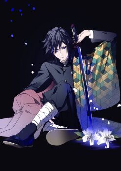 1boy black_background black_hair black_jacket blue_eyes closed_mouth commentary_request demon_slayer_uniform flower hair_between_eyes haori high_collar highres jacket japanese_clothes kaa kikkoumon kimetsu_no_yaiba lily_(flower) long_hair looking_at_viewer low_ponytail male_focus ponytail print_haori red_haori sitting solo spiked_hair tomioka_giyuu white_flower