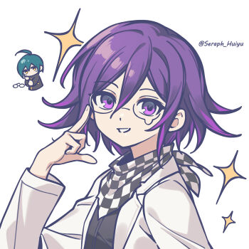 1boy 2boys ahoge artist_name black_jacket checkered_neckerchief danganronpa_(series) danganronpa_v3:_killing_harmony ewa_(seraphhuiyu) flipped_hair glasses grin hair_between_eyes hand_up highres jacket long_sleeves looking_at_viewer male_focus medium_hair multiple_boys neckerchief oma_kokichi purple_eyes purple_hair saihara_shuichi short_hair simple_background smile sparkle teardrop-framed_glasses teeth white_jacket
