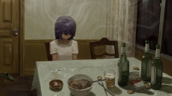 1girl absurdres alcohol an_yb ashtray bags_under_eyes beer beer_bottle bottle bottle_cap bowl breasts broken_bottle chair chopsticks cigarette_butt cigarette_pack closed_mouth commentary cup curtains door drinking_glass grey_eyes hair_over_one_eye highres indoors lighter long_hair looking_down on_chair original purple_hair shirt short_sleeves sitting small_breasts solo t-shirt table tablecloth white_shirt window wooden_floor