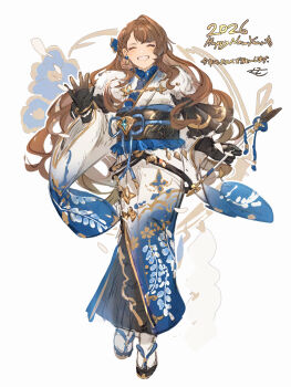 1girl 2026 ^_^ arrow_(projectile) beatrix_(granblue_fantasy) black_gloves braid closed_eyes commentary_request facing_viewer full_body furisode_sleeves gloves granblue_fantasy grin hamaya happy_new_year hibana_(hibana_ztlv) highres holding holding_arrow japanese_clothes kimono long_hair new_year obi obiage obijime sandals sash smile socks solo tabi very_long_hair white_socks zouri
