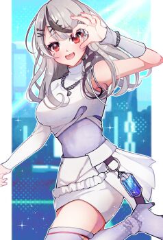Rule 34 | 1girl, :d, absurdres, arm up, armpits, asymmetrical sleeves, black hair, braid, breasts, commentary request, fang, grey hair, hair ornament, highres, hololive, large breasts, long hair, looking at viewer, multicolored hair, open mouth, red eyes, sakamata chloe, satsuki (pixiv 742410), single bare shoulder, smile, solo, virtual youtuber, x hair ornament