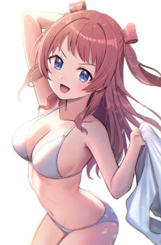 1girl alternate_costume bikini blue_eyes blush breasts brown_hair commentary_request gakuen_idolmaster hanami_saki highres idolmaster long_hair looking_at_viewer medium_breasts navel simple_background smile solo stomach string_bikini swimsuit two_side_up u_rin v-shaped_eyebrows white_background white_bikini