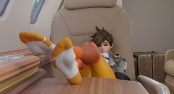 1girl 3d absurdres airplane_interior brown_hair commentary crossed_ankles english_commentary feet foot_focus highres no_shoes non-web_source overwatch self-upload shahbod3d sitting socks soles solo source_request suitcase tracer_(overwatch)
