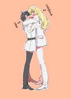2boys arrow_(symbol) black_hair black_pants black_shoes blonde_hair blush_stickers chaldea_uniform cheek-to-cheek closed_eyes commentary fate/grand_order fate_(series) formal_clothes fujimaru_ritsuka_(male) full_body gloves hair_between_eyes hand_on_another&#039;s_back happy heads_together hug jacket kirschtaria_wodime long_hair long_sleeves m-tobiei male_focus multiple_boys open_mouth orange_background outline pants parted_bangs partially_translated shoes short_hair simple_background smile standing suit translation_request white_gloves white_jacket white_outline white_pants white_shoes white_suit