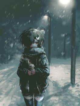 Rule 34 | 1girl, 666mg, absurdres, black hair, black jacket, cup, cutoffs, disposable coffee cup, disposable cup, ear piercing, gauze, gauze on cheek, hair ornament, hair over one eye, highres, holding, holding cup, jacket, lamppost, looking at viewer, night, original, outdoors, piercing, rabbit hair ornament, scarf, short shorts, shorts, snow, snowing, solo, steam, thighhighs, winter