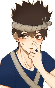 1boy black_hair blue_shirt blush brown_eyes brown_hair chrome_(dr._stone) collarbone dr._stone headband highres looking_at_viewer male_focus open_mouth pxbyz6ynhc83433 shirt short_hair short_sleeves simple_background solo spiked_hair sweatdrop upper_body white_background