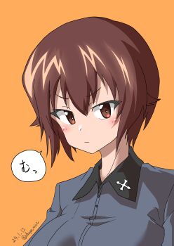 1girl absurdres black_collar blush breasts brown_eyes brown_hair closed_mouth collar commentary_request dated drops_mint eyes_visible_through_hair girls_und_panzer glaring grey_shirt hair_between_eyes highres kuromorimine_school_uniform large_breasts looking_at_viewer nishizumi_maho orange_background school_uniform shirt short_hair sidelocks solo twitter_username upper_body wing_collar