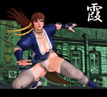 1girl areola_slip breasts brown_eyes brown_hair choker cleavage kasumi_(doa) kill_the_king large_breasts long_hair panties pelvic_curtain ponytail solo thighhighs underwear white_thighhighs