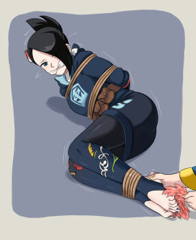 1girl absurdres arms_behind_back ass barefoot bdsm black_hair blue_eyes blush body_blush bondage bound bound_ankles cleave_gag cloth_gag gag gagged hair_ornament hair_over_one_eye highres improvised_gag lost_one_zero mai_(pokemon) nail_polish nintendo pokemon pokemon_legends:_arceus rope tickling toenail_polish toenails toes