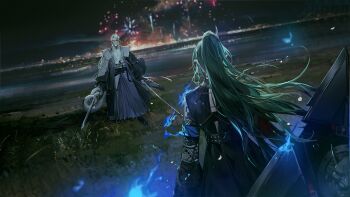 1boy 1girl arknights blue_fire duel dutch_angle fire fireworks floating_hair from_behind game_cg grass green_hair hakama hannya_(arknights) high_ponytail highres holding holding_shield holding_sword holding_weapon horizon hoshiguma_(arknights) hoshiguma_the_breacher_(arknights) japanese_clothes long_sleeves mitsuhide_mifune_(arknights) night official_art outdoors pointy_ears ponytail shield snake_boy snake_tail solo sword tail third-party_source weapon