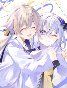 2girls :d ;) ^_^ azusa_(blue_archive) black_ribbon blue_archive cardigan closed_eyes crossed_bangs flower hair_between_eyes hair_flower hair_ornament hair_ribbon halo hifumi_(blue_archive) highres hug light_brown_hair long_hair long_sleeves low_twintails multiple_girls one_eye_closed open_mouth parted_lips ribbon sailor_collar simple_background smile twintails white_background white_cardigan white_hair yukiusagi_(snowrabbit0508)