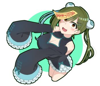 1girl :3 :d absurdres alternate_costume bare_shoulders black_shirt blue_skirt blush border breasts brown_eyes cleavage cleavage_cutout clothing_cutout commentary double_bun frilled_skirt frills green_background green_hair hair_bun hair_ornament hairclip hasu_no_sora_pop_up_shop_china_collection highres jiangshi_costume large_breasts link!_like!_love_live! long_hair long_sleeves looking_at_viewer love_live! miniskirt ofuda ofuda_on_head ogami_sachi open_mouth outside_border outstretched_arms parallel_hairclips round_image shirt simple_background skirt sleeveless sleeveless_shirt sleeves_past_fingers sleeves_past_wrists smile solo tetetsu twintails white_border wide_sleeves zombie_pose