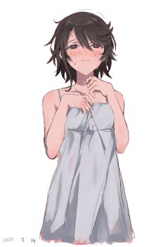 Rule 34 | 1girl, bare arms, bare shoulders, blush, breasts, brown eyes, brown hair, collarbone, cropped torso, dated, dress, grey dress, hair between eyes, hands up, highres, looking at viewer, momijiyama teru, short hair, shy (series), simple background, small breasts, solo, sweat, takatisakana, wavy mouth, white background