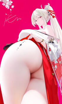 Rule 34 | 1girl, ass, bottle, breasts, check commentary, closed mouth, commentary request, earrings, fingernails, from behind, from below, hair ribbon, hakama, hakama skirt, high ponytail, highres, hiyuki (wuthering waves), japanese clothes, jewelry, kimono, large breasts, long fingernails, long hair, long sleeves, looking at viewer, looking back, nail polish, off shoulder, omone hokoma agm, pink background, ponytail, red eyes, red hakama, red nails, red ribbon, ribbon, signature, skirt, solo, tacet mark (wuthering waves), white hair, white kimono, wide sleeves, wuthering waves