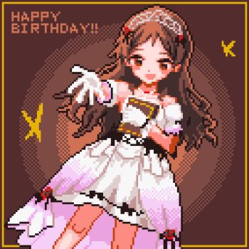 Rule 34 | 1girl, :d, blush, book, brown background, brown eyes, brown hair, bug, butterfly, commentary request, cowboy shot, dithering, dot nose, dress, english text, eyelashes, gloves, happy birthday, holding, holding book, idolmaster, idolmaster million live!, idolmaster million live! theater days, insect, kitazawa shiho, kitazawa shiho (princess story), long hair, looking at viewer, neutron (765valis), official alternate costume, open mouth, parted bangs, pixel art, reaching, reaching towards viewer, smile, solo, tiara, white dress, white gloves