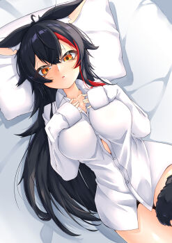 1girl absurdres alternate_costume animal_ear_fluff animal_ears black_hair blanket blush breasts collared_shirt highres hololive large_breasts long_hair looking_at_viewer lying multicolored_hair naked_shirt nyang-kaz on_back ookami_mio open_mouth pillow red_streaks shirt solo streaked_hair tail very_long_hair virtual_youtuber white_shirt wolf_ears wolf_girl wolf_tail yellow_eyes