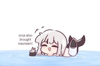 +++ 1girl :d ^_^ artist_self-insert bag blush_stickers cetacean_tail chibi chonkyorca closed_eyes commentary english_text facing_viewer fins fish_tail grey_hair hand_up holding holding_bag long_sleeves open_mouth orca_(chonkyorca) original partially_submerged plastic_bag puffy_long_sleeves puffy_sleeves simple_background sleeves_past_wrists smile solo symbol-only_commentary tail upper_body water white_background