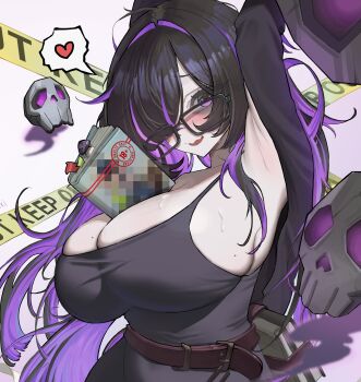 1girl absurdres armpits arms_behind_head arms_up belt black-framed_eyewear black_dress black_hair book breasts brown_belt caution_tape colored_inner_hair commentary dress english_commentary floating_skull glasses goddess_of_victory:_nikke hair_intakes hair_over_one_eye heart highres huge_breasts kiki_(akasaka0818) label_(nikke) long_hair looking_at_viewer mole mole_on_breast multicolored_hair open_mouth purple_eyes purple_hair skull solo speech_bubble spoken_heart streaked_hair sweat two-tone_hair wavy_mouth