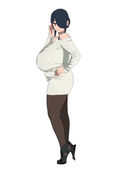 1girl adjusting_eyewear black-framed_eyewear black_hair black_pantyhose black_shoes breasts brown_eyes curvy curvy_black-haired_girl_(tnr) dress from_side glasses hair_bun hair_over_one_eye hand_on_own_hip high_heels huge_breasts lips mature_female one_eye_covered original pantyhose plump ribbed_sweater shoes single_hair_bun smile solo standing sweater sweater_dress tnr_(horiko1525) white_background white_dress