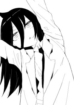 Rule 34 | 1girl, arms up, blazer, collared shirt, commentary request, hair between eyes, highres, ichi ba, jacket, kuroki tomoko, leaning to the side, long hair, monochrome, necktie, open clothes, open jacket, open mouth, school uniform, shirt, simple background, solo, triangle mouth, upper body, watashi ga motenai no wa dou kangaetemo omaera ga warui!, white background