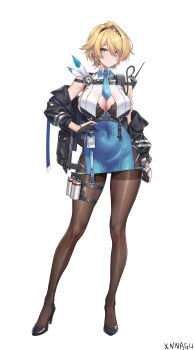 1girl absurdres bare_shoulders belt belt_pouch black_belt black_bra black_gloves black_hairband black_jacket black_pantyhose black_shoes blonde_hair blue_eyes blue_necktie blue_skirt blush bra breasts buckle chest_harness chinese_commentary cleavage closed_mouth commentary_request commission covered_navel crop_top cuffs earrings explosive full_body girls'_frontline girls'_frontline_2:_exilium gloves grenade hair_between_eyes hair_intakes hair_ornament hairband hand_on_own_hip handcuffs harness high-waist_skirt high_heels highres holster id_card jacket jewelry large_breasts long_sleeves looking_at_viewer mole mole_under_eye necktie nikketa_(girls'_frontline_2) off_shoulder open_clothes open_jacket pantyhose partially_fingerless_gloves pouch shirt shoes short_hair side_slit sidelocks signature simple_background skirt sleeveless sleeveless_shirt snap-fit_buckle snowflake_earrings solo standing thigh_holster thighband_pantyhose underbust underwear variant_set vsk-94_(girls'_frontline) walkie-talkie white_background white_shirt xnnagu