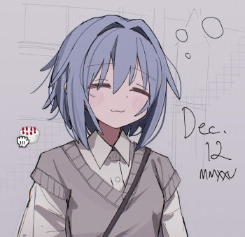 Rule 34 | 1girl, 2mai84, :3, blue hair, cake, closed eyes, commentary, cursor, dated, food, fujimi nemu, grey background, hair between eyes, hair intakes, hashtag-only commentary, layered sleeves, long sleeves, messy hair, onii-chan wa oshimai!, shirt, short hair, short over long sleeves, short sleeves, simple background, smile, solo, squeans, upper body, white shirt, wing collar