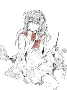 alternate_costume alternate_eye_color alternate_hair_length_(longer) black_hair blue_eyes coat commentary dated_commentary hair_between_eyes hand_rest hat hat_ribbon highres holding holding_wand long_sleeves missing_headwear open_mouth oriharareimu red_scarf ribbon scarf simple_background sitting skirt touhou usami_renko wand white_background white_coat white_ribbon white_skirt wide_sleeves winter_clothes wizard_hat