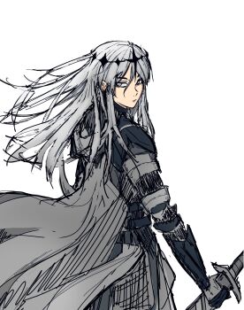 1girl absurdres armor cape cowboy_shot crown floating_hair grey_cape grey_eyes highres holding holding_sword holding_weapon long_hair looking_to_the_side mop24 nephis_(shadow_slave) shadow_slave shoulder_armor solo sword weapon white_hair