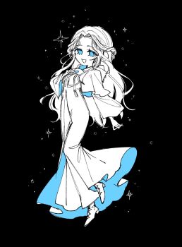 1girl :d black_background blue_eyes braid capelet ff14_duduna1201 final_fantasy final_fantasy_xiv full_body greyscale half_up_braid hand_on_own_chest highres long_hair looking_at_viewer monochrome open_mouth robe shoes smile solo sophist&#039;s_robe_(ff14) sparkle spot_color venat_(ff14)