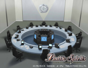 bandai battle_spirits chair computer conference_room crt dinosaur earth_(planet) english_text globe godzilla godzilla_(series) godzilla_vs._destoroyah godzilla_vs._mechagodzilla_ii godzilla_vs._spacegodzilla japanese_text kaiju laptop mixed-language_text monitor monster nagasaki_yuko no_humans office_chair official_art olive_branch paper planet projector_screen round_table shadow silhouette swivel_chair table television toho united_nations united_nations_godzilla_countermeasure_center