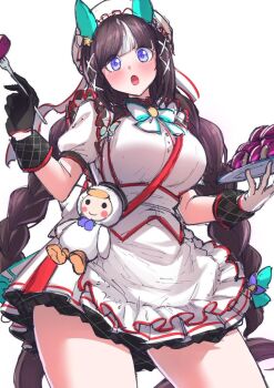 1girl animal_ears beret blunt_bangs blush braid breasts commentary_request food gloves hair_between_eyes hair_ornament haskap hat hokko_tarumae_(umamusume) horse_ears horse_girl large_breasts long_braid long_hair looking_at_viewer open_mouth plate purple_eyes ribbon same_kujira_(challenger_310) simple_background thighs twin_braids umamusume x_hair_ornament