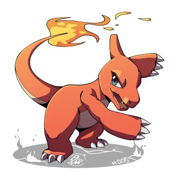 charmeleon claws clip_studio_paint_(medium) colored_skin fire flame-tipped_tail full_body gen_1_pokemon green_eyes mistray-art nintendo no_humans numbered open_mouth orange_skin pokemon pokemon_(creature) signature simple_background solo tail white_background
