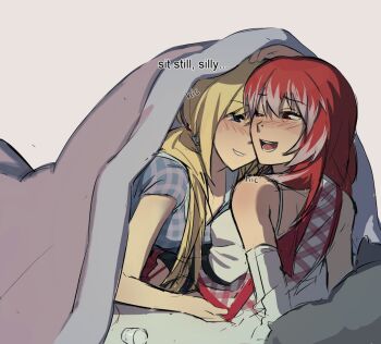 2girls audrey_belrose blonde_hair blue_eyes blue_shirt blush cup drinking_glass drunk english_text gloves hunie_(series) huniepop mole mole_on_nose multiple_girls open_mouth red_eyes red_hair shirt shot_glass tiffany_maye under_covers white_gloves yan_(ubituna) yuri