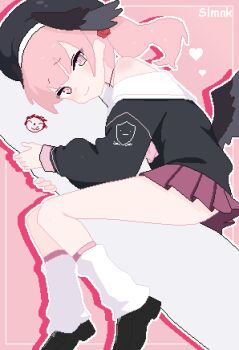 1girl absurdres beret black_hat black_shirt black_shoes blue_archive blush closed_mouth doodle_sensei_(blue_archive) drop_shadow feathered_wings full_body hashtag-only_commentary hat head_wings heart highres hugging_object inset_border koharu_(blue_archive) long_hair long_sleeves looking_at_viewer loose_socks miniskirt pillow pillow_hug pink_background pink_eyes pink_hair pixel_art purple_skirt sensei_(blue_archive) shirt shoes skirt slmnk10124 socks solo white_socks wings