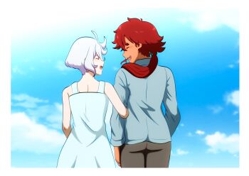 2girls black_pants blue_dress blue_jacket blue_sky closed_eyes cloud commentary day dress from_behind gundam gundam_suisei_no_majo highres jacket jewelry long_hair miorine_rembran multiple_girls natu4687 open_mouth outdoors pants ponytail red_hair ring short_hair sky smile suletta_mercury symbol-only_commentary thick_eyebrows wedding_ring white_hair wife_and_wife yuri