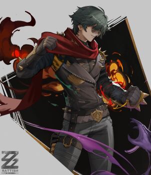 Rule 34 | 1boy, black gloves, black jacket, fire, gloves, green eyes, green hair, hair between eyes, hair over one eye, highres, jacket, lighter (zenless zone zero), male focus, pants, rattish (rattish ra), red scarf, scarf, shirt, short hair, shoulder spikes, smile, solo, spiked belt, spiked jacket, spikes, standing, sunglasses, torn clothes, torn scarf, zenless zone zero