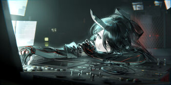 Rule 34 | 1girl, black bow, black gloves, black hair, bow, dalanxia, girls' frontline, girls' frontline 2: exilium, gloves, grey eyes, highres, knife, long hair, official art, open mouth, phaetusa (girls' frontline 2), screen, solo