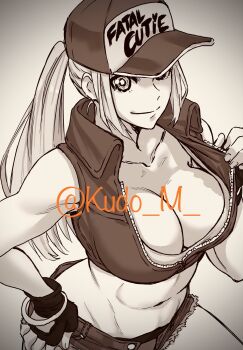 1girl baseball_cap bracelet breasts cleavage commentary_request crop_top fatal_fury fingerless_gloves from_above genderswap genderswap_(mtf) gloves greyscale hand_on_own_hip hat hat_over_one_eye highres jewelry kudou_masashi large_breasts micro_shorts monochrome navel ponytail sepia shorts smile snk_heroines:_tag_team_frenzy solo terry_bogard the_king_of_fighters upper_body