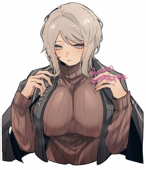 09wave_hb 1girl black_coat blue_eyes brown_sweater closed_mouth coat coat_on_shoulders commentary covered_erect_nipples faust_(project_moon) hands_up highres limbus_company looking_at_viewer open_clothes open_vest project_moon puffy_nipples ribbed_sweater short_hair simple_background solo sweater vest white_background white_hair