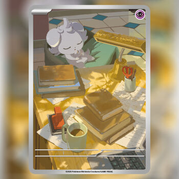 Rule 34 | blurry border, book, closed eyes, coffee, commentary request, computer, copyright name, cup, desk, desk lamp, espurr, gen 6 pokemon, in-universe location, indoors, lamp, laptop, minatake, mug, nintendo, no humans, official art, paper, pokemon, pokemon (creature), pokemon card, pokemon focus, pokemon legends: z-a, pokemon tcg, scissors, shadow, sleeping, solo